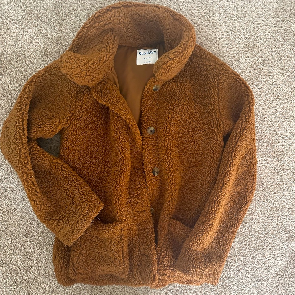 Old Navy Girls Teddy Furry Fuzzy Button Jacket Brown
